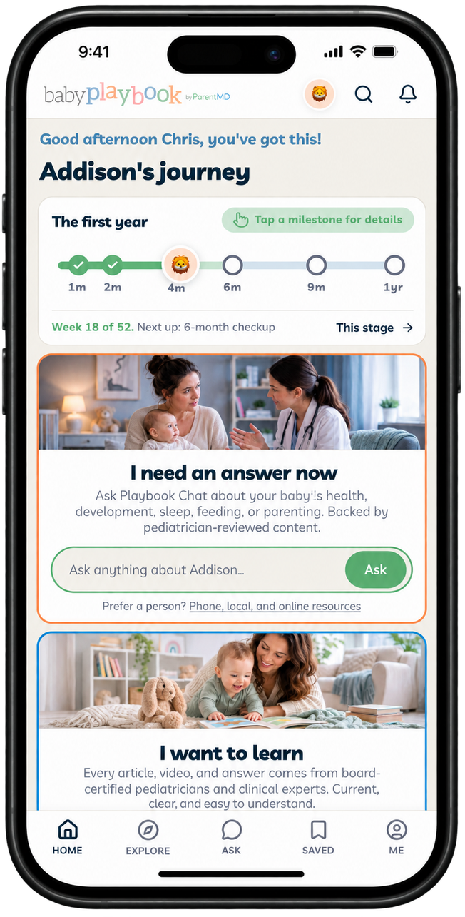 The Baby Playbook app home screen on a phone, showing a baby's first-year journey and a place to ask questions