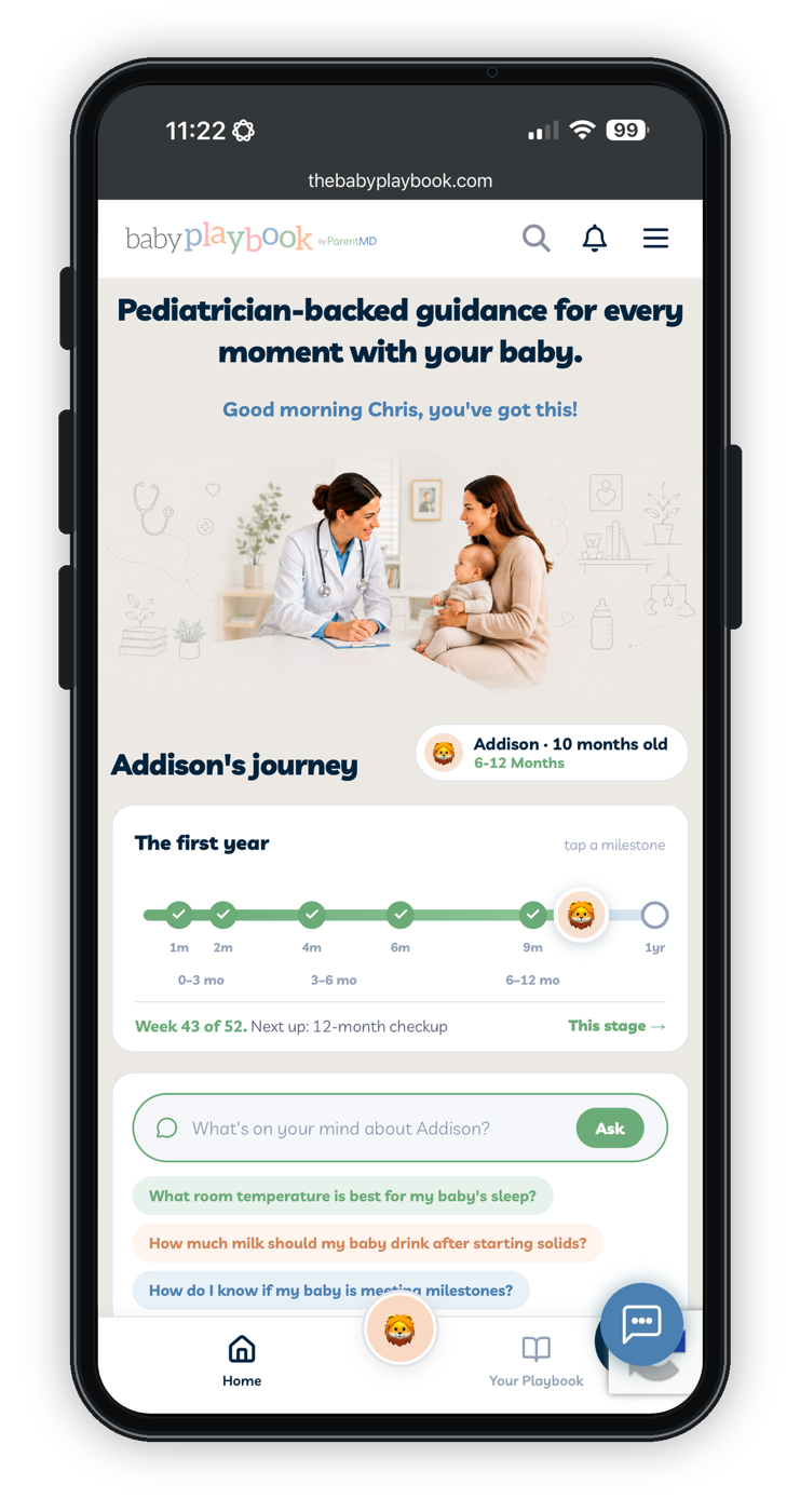 The Baby Playbook app on a phone, showing a baby's first-year journey