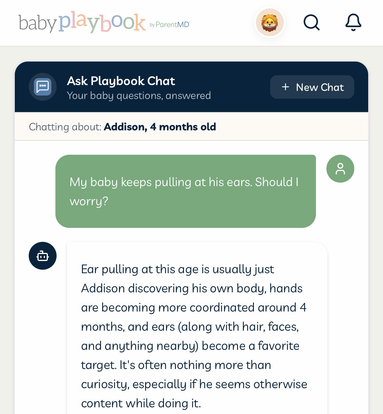 Playbook Chat answering a parent's question about ear pulling